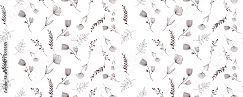 leaves silhouettes seamless pattern. Plant motif with branch silhouettes, decorative brush twigs.  line art photo