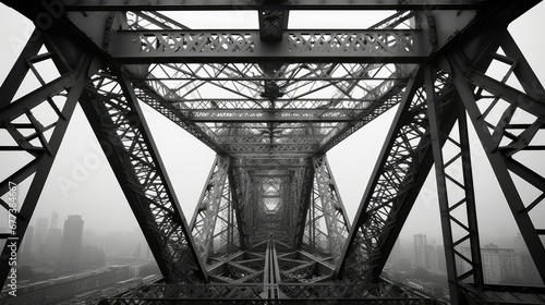 Artistic black-and-white photo capturing the underside of metal scaffolding on a large structure, evoking a sense of industrial complexity and architectural beauty. photo