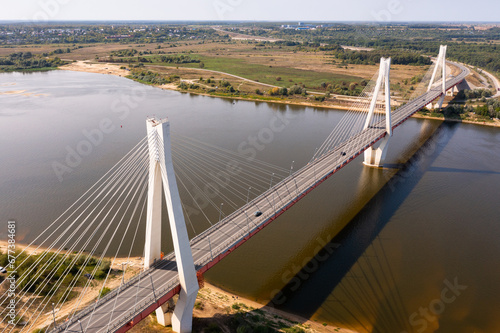 Aerial view of Murom cable bridge through Oka river, length of bridge about 1400 meters. Russia © JackF