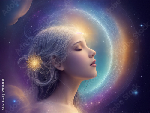 Spiritual Radiance  An ethereal portrayal of a woman infused with the luminous lights of the mind  embodying spirituality and inner brilliance  generated by AI 
