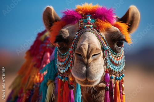 portrait of a camel decorated with ornaments for a tourist camel ride photo