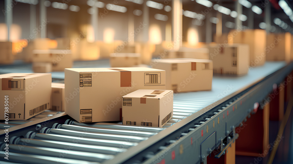 Parcels of cardboard boxes move on a conveyor belt in a warehouse logistics center. Packages ready for shipping. E-commerce purchases Parcels of cardboard boxes move on a conveyor belt in a warehouse logistics center. Packages ready for shipping. E-commerce purchases