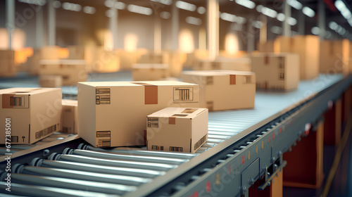 Parcels of cardboard boxes move on a conveyor belt in a warehouse logistics center. Packages ready for shipping. E-commerce purchases