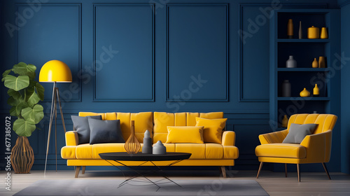 A huge living room's accent lounge. blue and yellow hues. Dark blue wall that is empty and a bright yellow sofa with mustard undertones. a mockup of a contemporary interior.