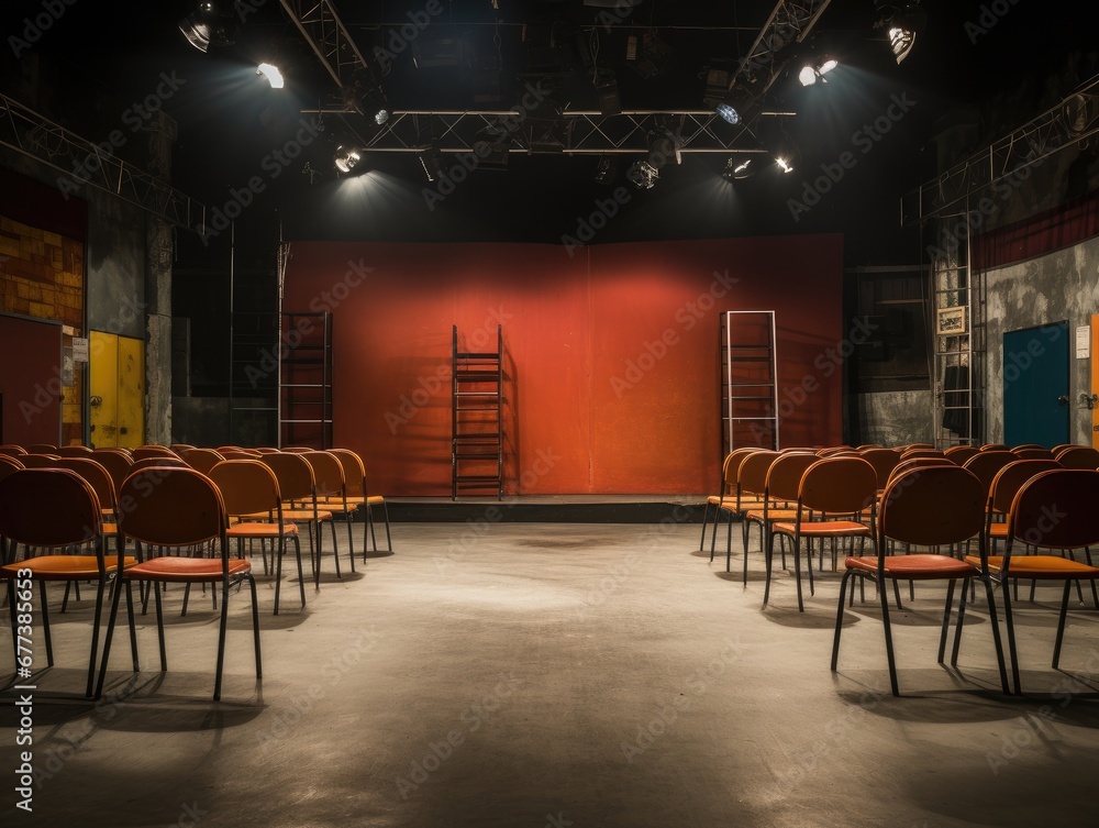 A drama classroom with an empty stage, props, and theater seating. - obrazy, fototapety, plakaty 