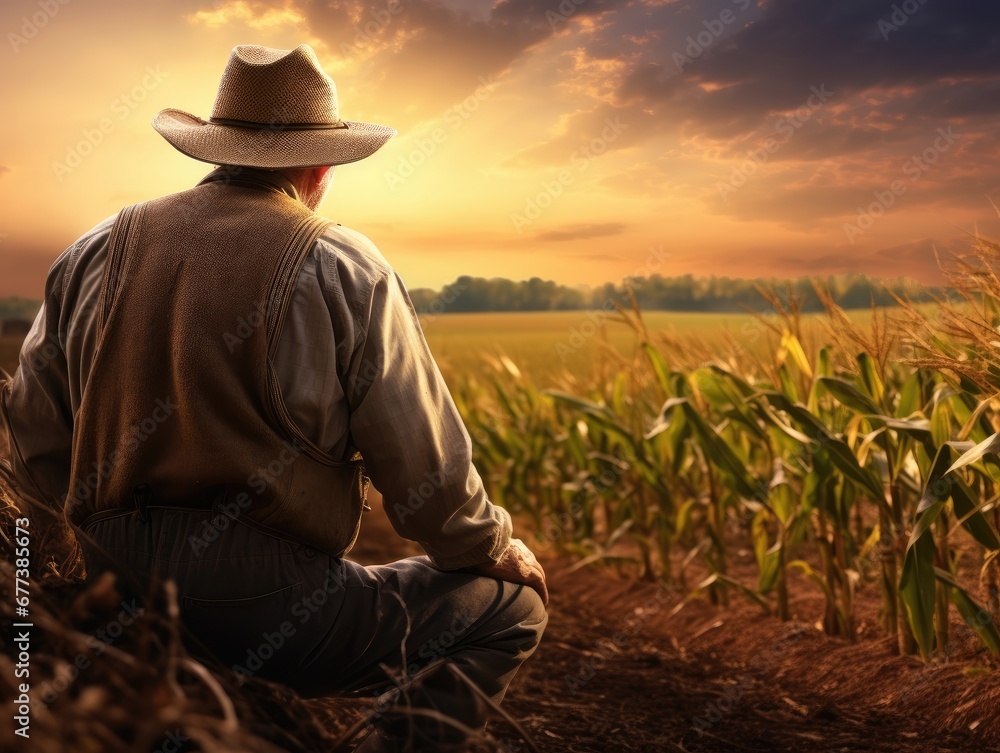 A farmer in a field examining crops, representing the economic impact of agriculture. A farmer in a field examining crops, representing the economic impact of agriculture.