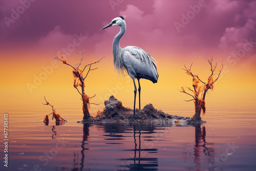 Great Heron at sunset near the water