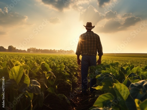 A farmer in a field examining crops, representing the economic impact of agriculture. photo