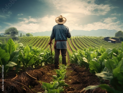 A farmer in a field examining crops, representing the economic impact of agriculture.