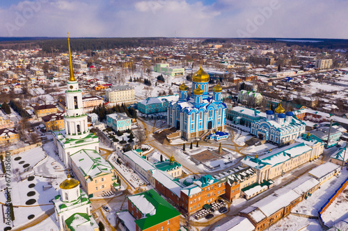 Winter aerial view of Orthodox Nativity of Our Lady Monastery in snow covered Zadonsk town in Lipetsk Oblast, Russia