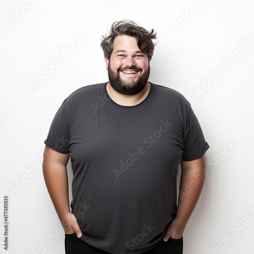 Happy fat man in casual wear and with beard stands on white background, looks into camera and smiles. Cheerful big body positive guy
