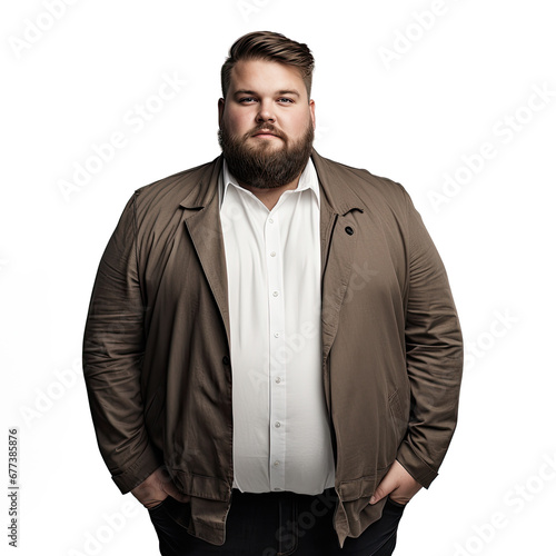 Happy fat man in casual wear and with beard stands on white background, looks into camera and smiles. Cheerful big body positive guy