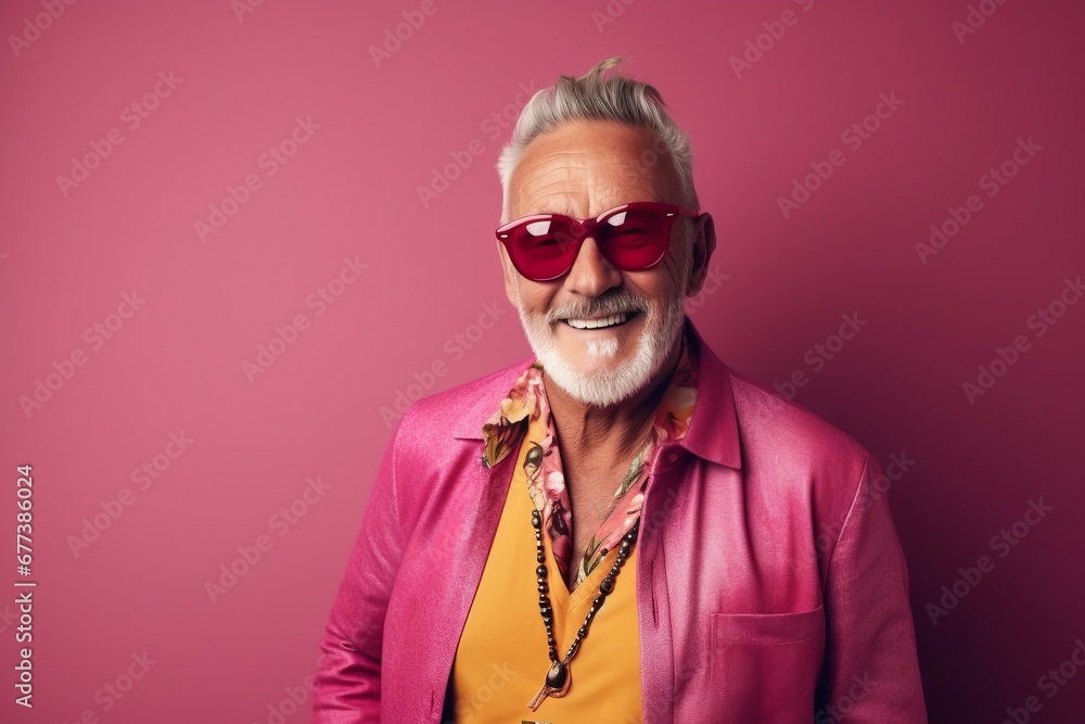Portrait of a happy senior man in stylish sunglasses, isolated over pink background.