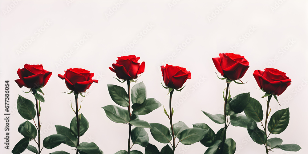 Naklejka premium red roses on white background for copy space, Floral Elegance: Love Card Pattern Infused with Valentine's Romance, 