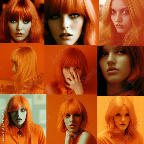 Orange color, collage of portraits of beautiful girls with orange hair on an orange background, bright wallpaper © catocala
