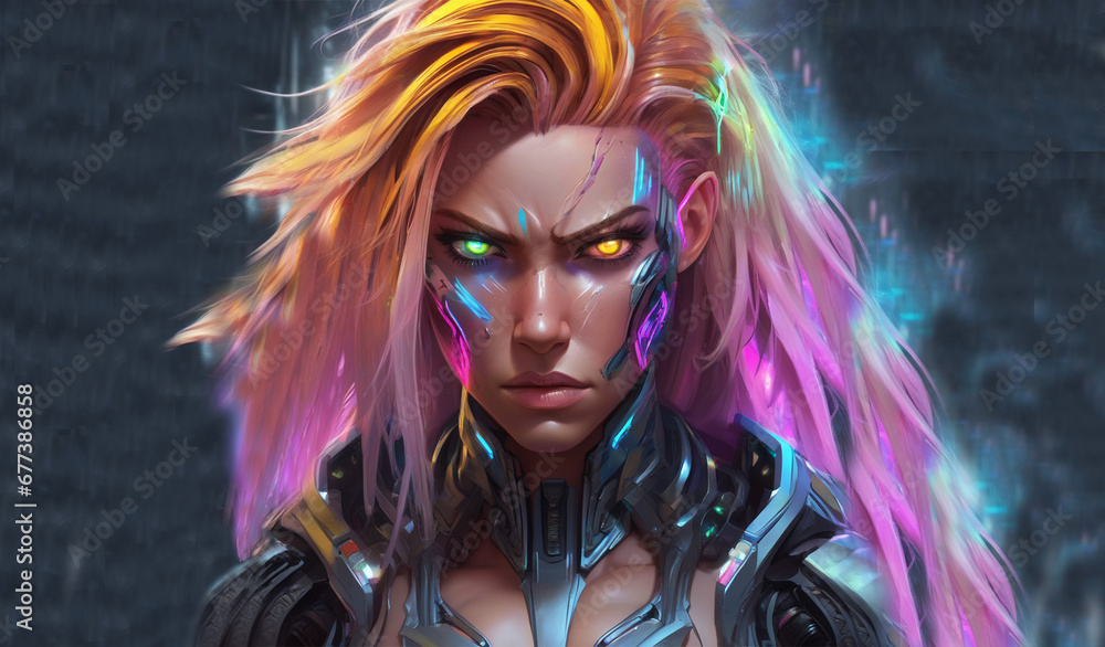 Angry Cyberpunk Girl with Glowing Eyes and Hair Angry Cyberpunk Girl with Glowing Eyes and Hair