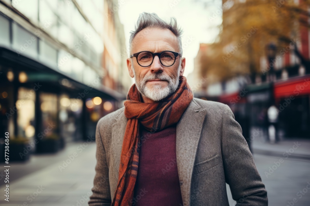 Portrait of a handsome senior man with glasses and scarf in the city