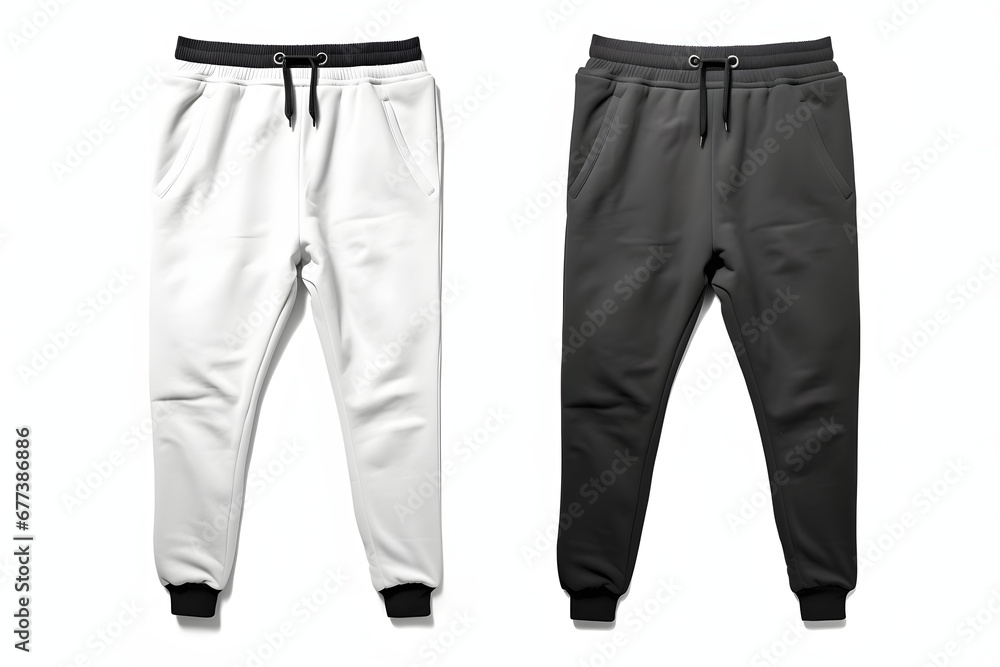 Black and white sweat pants or joggers mockup isolated on white background. unisex sport pants. 3d rendering. Black and white sweat pants or joggers mockup isolated on white background. unisex sport pants. 3d rendering.