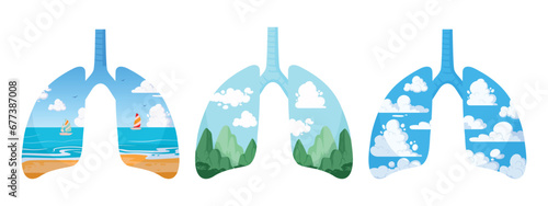 Cartoon clean lungs. Green planet lungs metaphor, human healthy lungs with nature clouds and leaves. Environment care concept flat vector illustration set