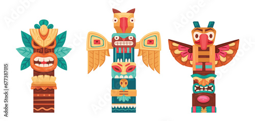 Cartoon ritual wooden statues. Ethnic tiki totems, hawaiian and african traditional sculptures, Native african or indian figures flat vector illustration set. Aboriginal pole totems