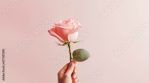 A female hand holds a beautiful pink rose on a light background. Floral concept. Valentine's Day. Romantic gift photo