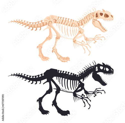 Dino skeleton silhouettes. Predator raptor fossil bones, ancient dinosaur silhouette flat vector illustration set. Jurassic reptile skeleton
