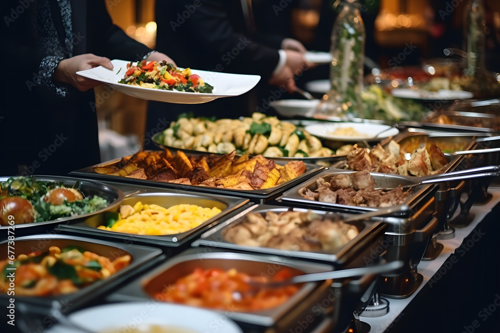 Not recognize group of people in catering buffet food indoor in luxury restaurant Not recognize group of people in catering buffet food indoor in luxury restaurant