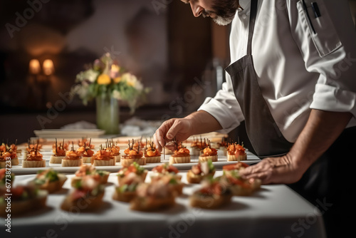 Man hands of a waiter prepare food for a buffet table in a restaurant - Buffet day concept  photo