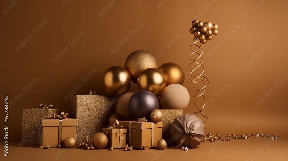 New Year banner with Christmas gift boxes and golden decorations on khaki background. The concept of holiday surprise for New Year or Christmas. New Year concept. Decor concept. Magic concept. New Year banner with Christmas gift boxes and golden decorations on khaki background. The concept of holiday surprise for New Year or Christmas. New Year concept. Decor concept. Magic concept.
