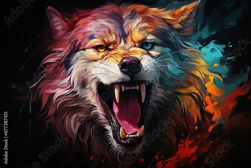Painting of A wolf with its mouth open and it's mouth wide open photo