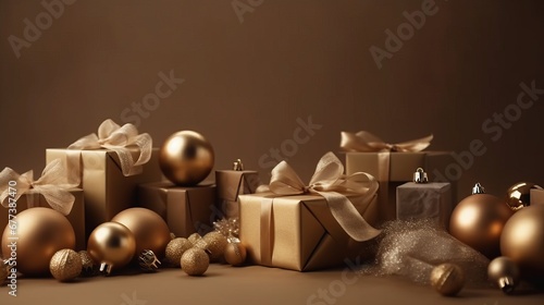 New Year banner with Christmas gift boxes and golden decorations on khaki background. The concept of holiday surprise for New Year or Christmas. New Year concept. Decor concept. Magic concept.