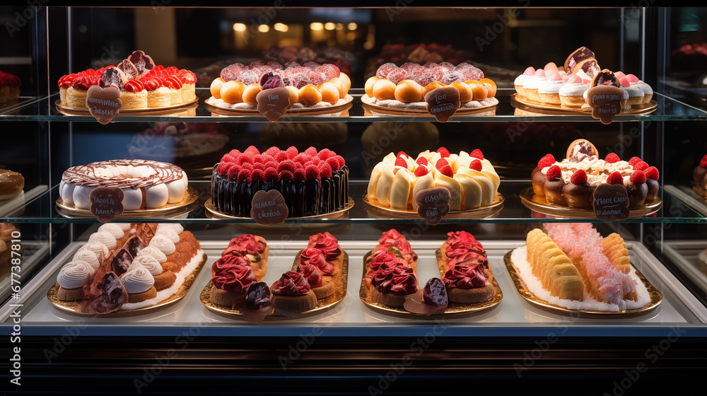 Showcase in a candy store. A variety of sweet pastries.