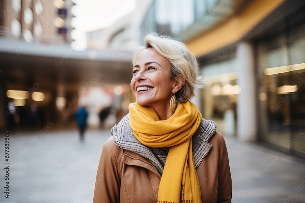 Portrait of a happy mature woman in the city, looking away Portrait of a happy mature woman in the city, looking away