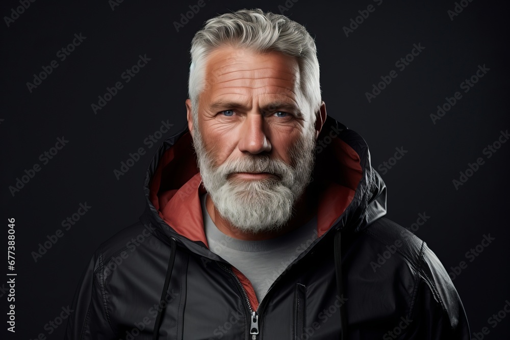 Portrait of a handsome senior man with grey beard and mustache wearing a black leather jacket. Portrait of a handsome senior man with grey beard and mustache wearing a black leather jacket.