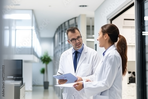 Pharmaceutical Sales Representative Discussing Medications with Colleague in Lab Coats photo