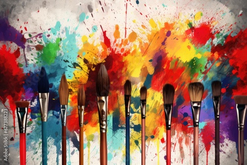 Colorful paintbrushes and paint, motley watercolor paint, brightly art, art school artistic drawing, multicolored batik multicolored design, creative exhibition art paint, luminous radiant craft photo