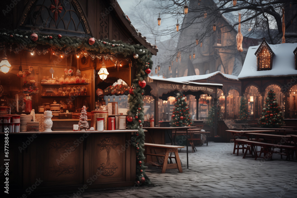 christmas market with cute decorated stalls illuminated with festive lights on evening winter street. cozy atmosphere