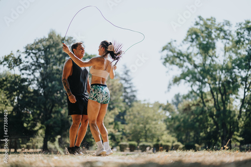 Active Friends Happily Jump Rope in Park on a Sunny Day