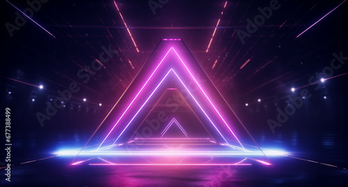 Neon-Lit Futuristic Triangle Portal in a Dark Hallway