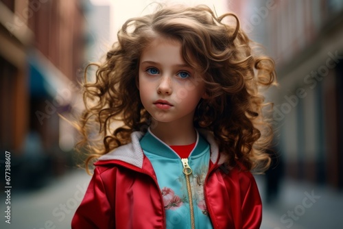 Portrait of a cute little girl with curly hair on the street.