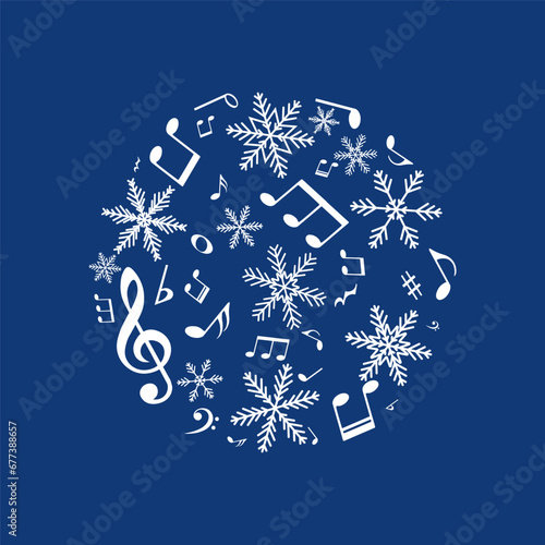 White music notes and snowflakes, round shape, dark blue background, vector illustration.