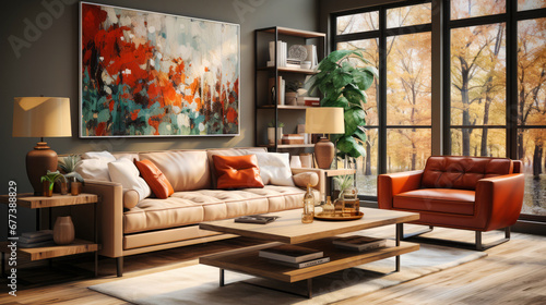A well-lit living room with modern furniture, large windows revealing autumn foliage, and a vibrant abstract painting.Generative AI © Dougie C