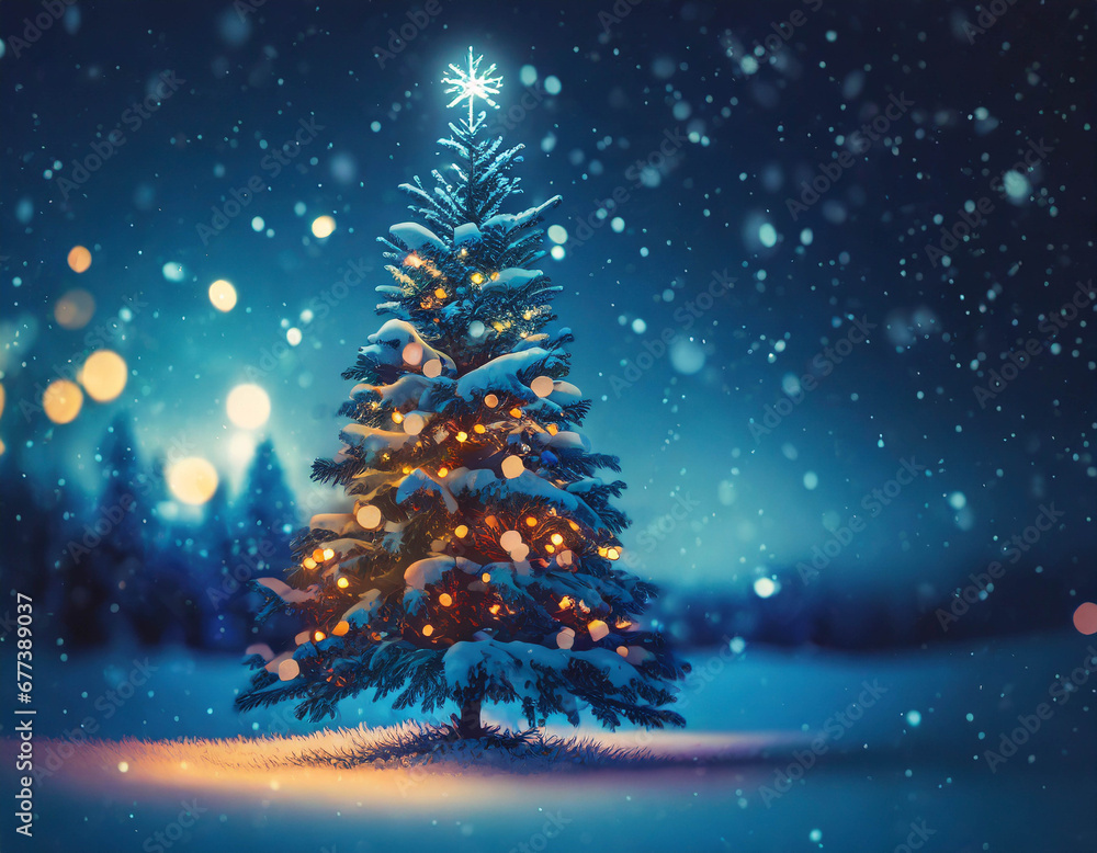 Christmas tree on snowy night background