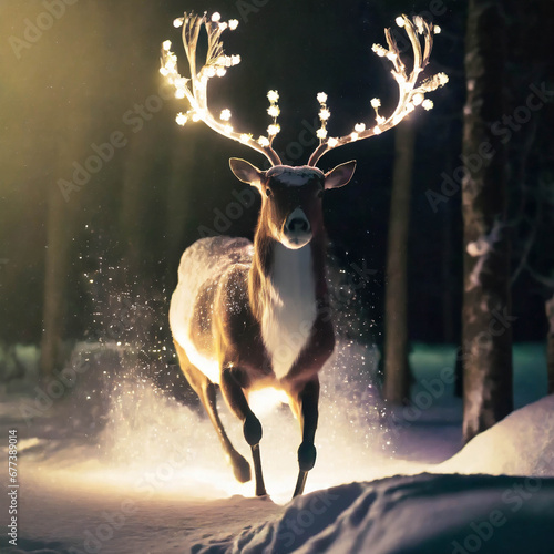 Christmas deer in a snowy forest. Winter wonderland. © izzzy71