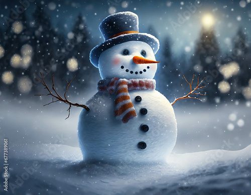 Snowman in the night. Winter snowy scene with copy space.