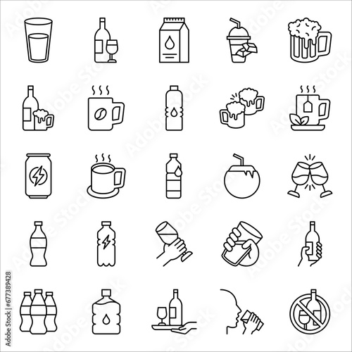 set of drinks icons, water, soft drink, alcohol, glass, vector illustration on white background