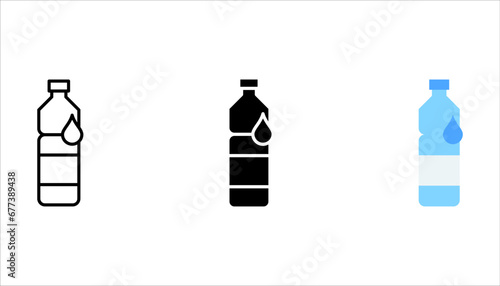 Plastic bottle line icons set with labels and water. Containers for soft and sport drinks. vector illustration on white background