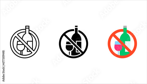 No alcohol sign related vector thin line icons set. Bottle of wine and a glass in prohibitory sign. vector illustration on white background