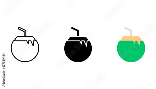 Coconut drink icons set vector. Drinking fresh coconut on the beach, vector illustration on white background