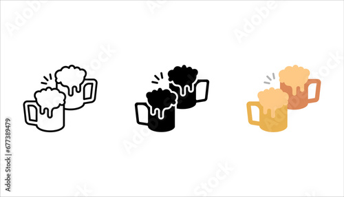 Toasting beer glasses linear icons set. Cheers. Two foamy beer glasses. vector illustration on white background